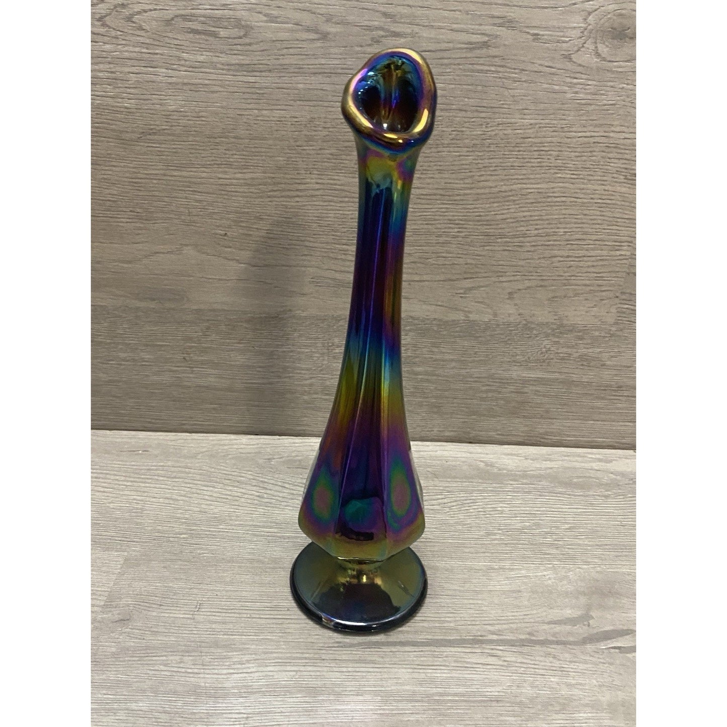 Vintage Fenton Iridescent Purple Bud Vase 8.75” Tall Embossed Logo