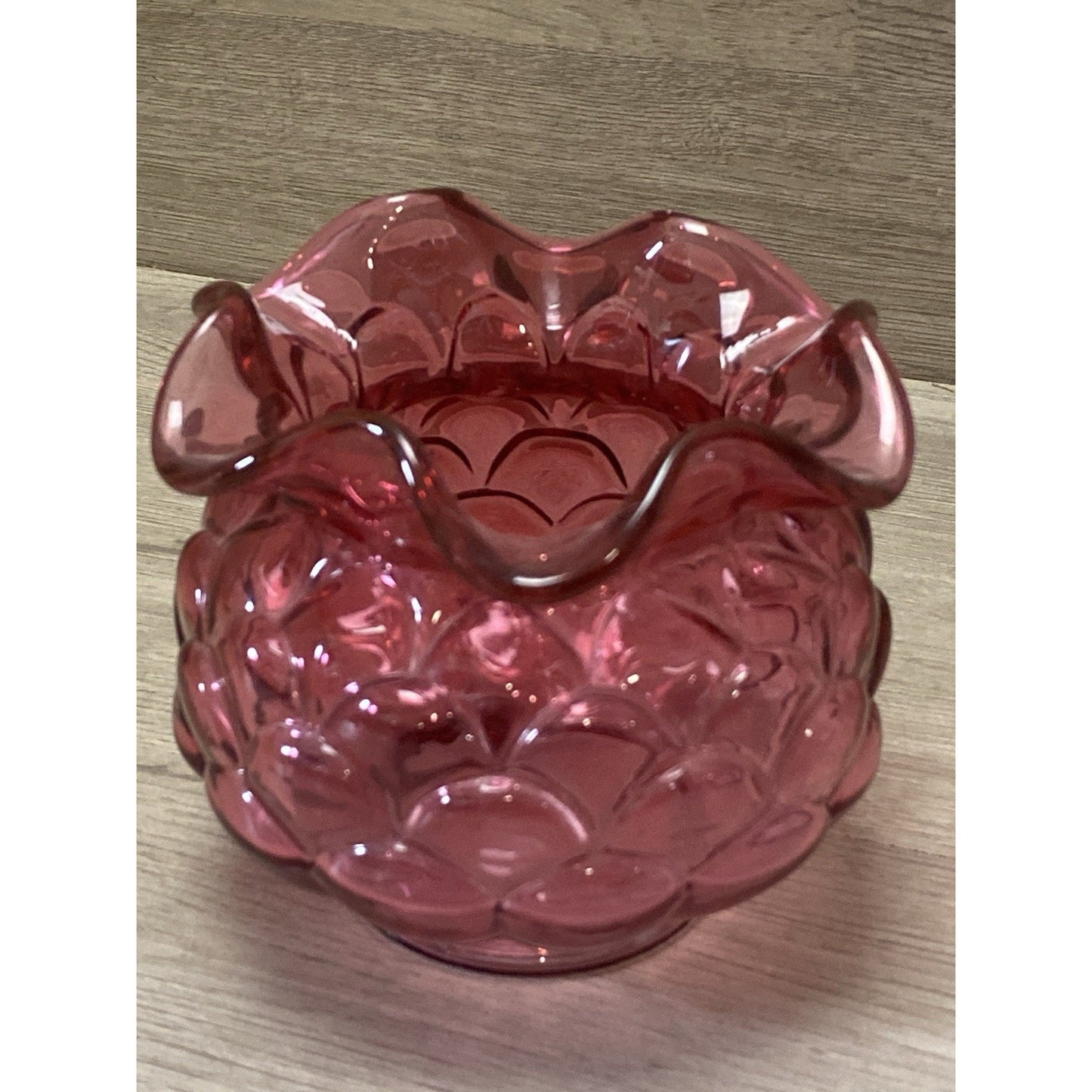 Fenton Cranberry Pink Glass Rose Bowl Vase w/ Poppy Flowers