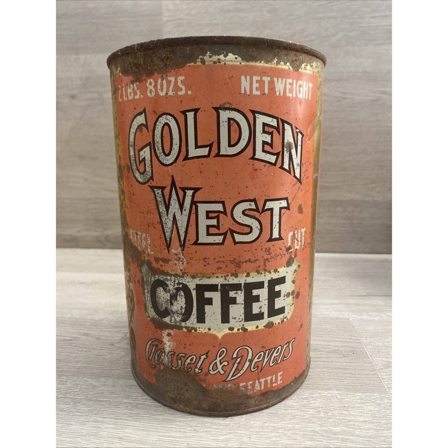 Rare ANTIQUE GOLDEN WEST COFFEE 2LB TIN LITHO CAN PORTLAND OR SEATTLE WA GROCERY