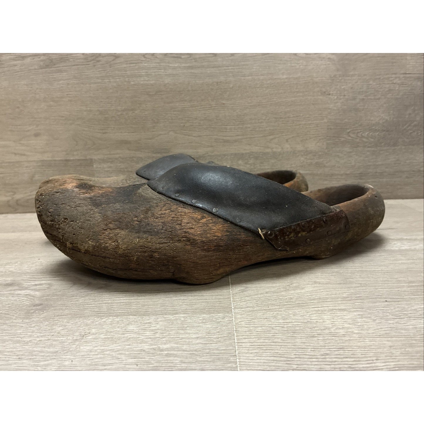 Antique Dutch Or German Wooden Clogs Shoes with Leather & Straw