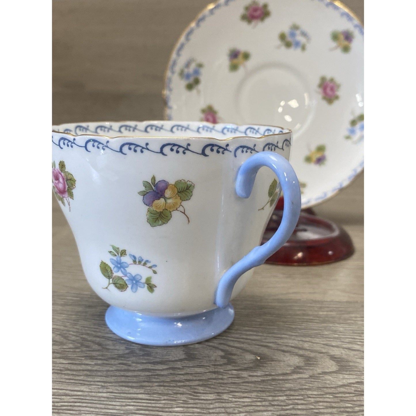 Shelley Fine Bone China Teacup Saucer Blue Forget-Me-Nots Roses Pansies England
