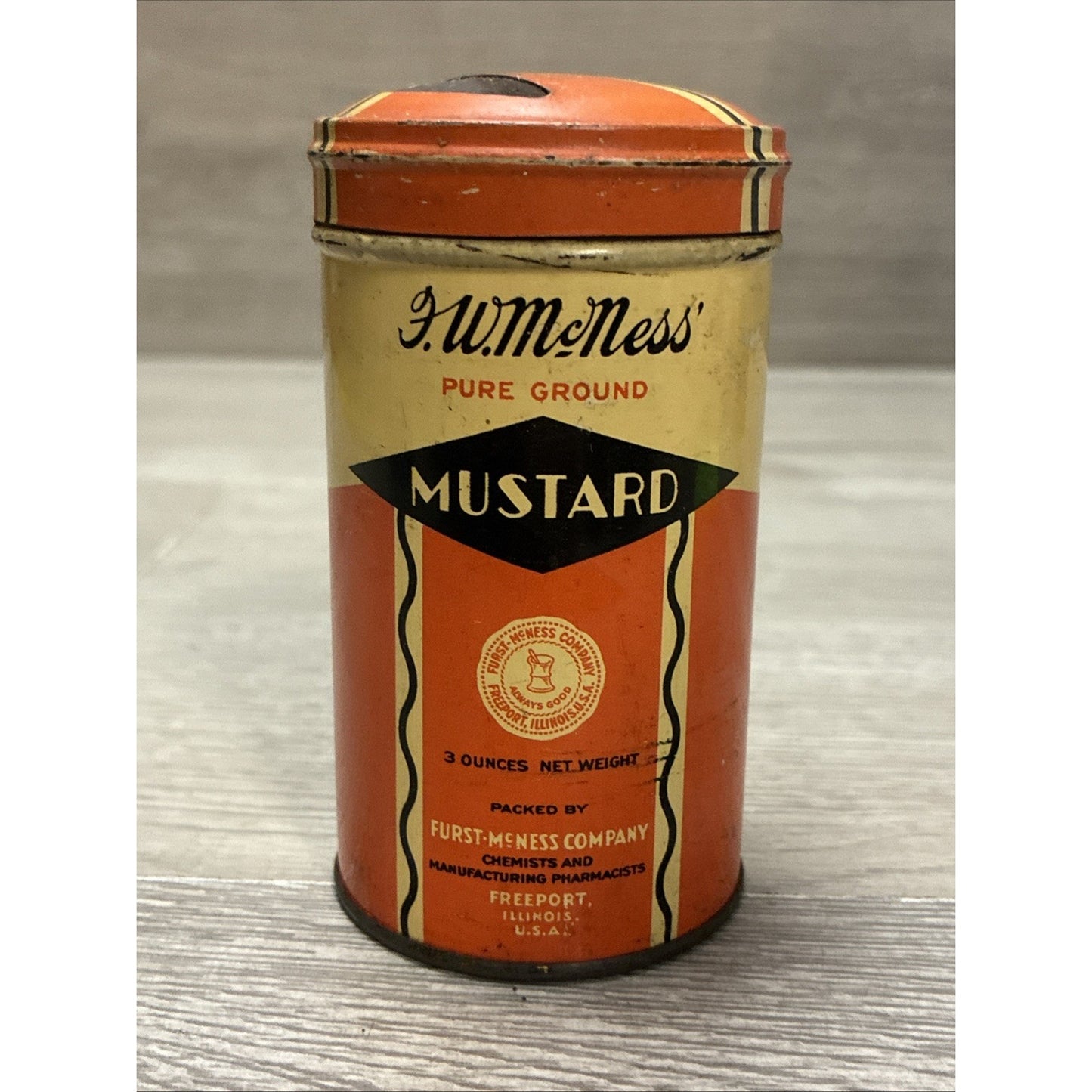 Antique F.W. McNess Mustard Tin 3oz Empty Freeport Illinois Tin