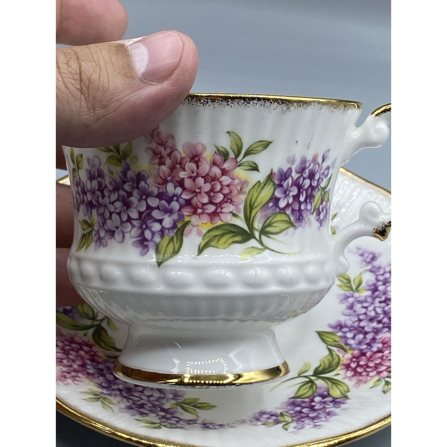 Elizabethan Floral Purple Pink Floral W/ Gold Rim Teacup Saucer Set