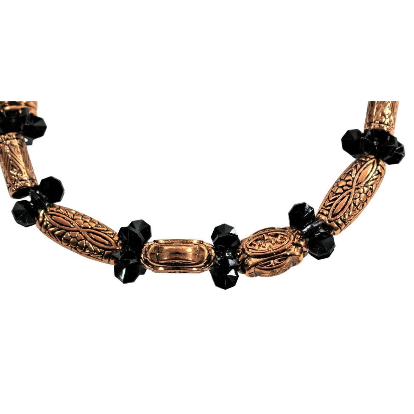 Statement Necklace & Earrings Set 19" Black Beads Bronze Designs Chunky Handmade