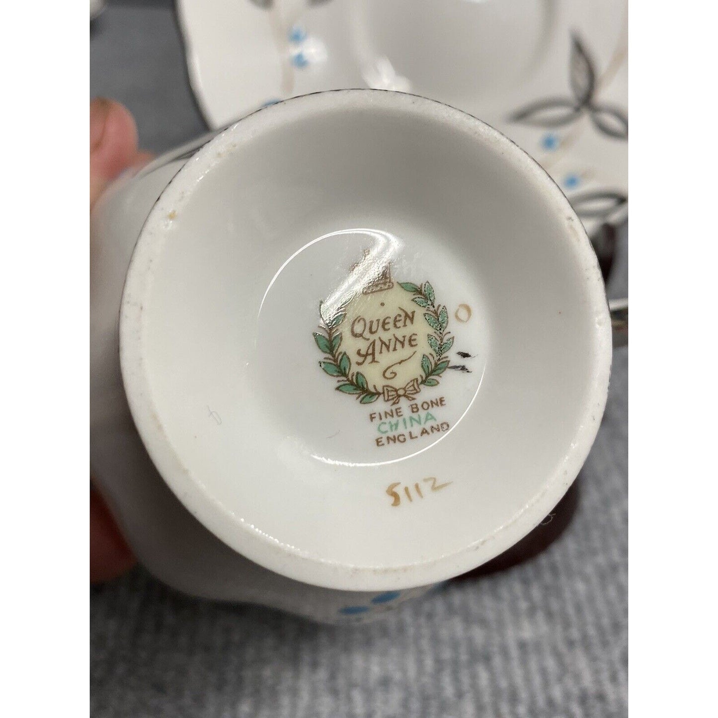 Queen Anne Teacup and Saucer with Hand-Enameled Blue Flowers