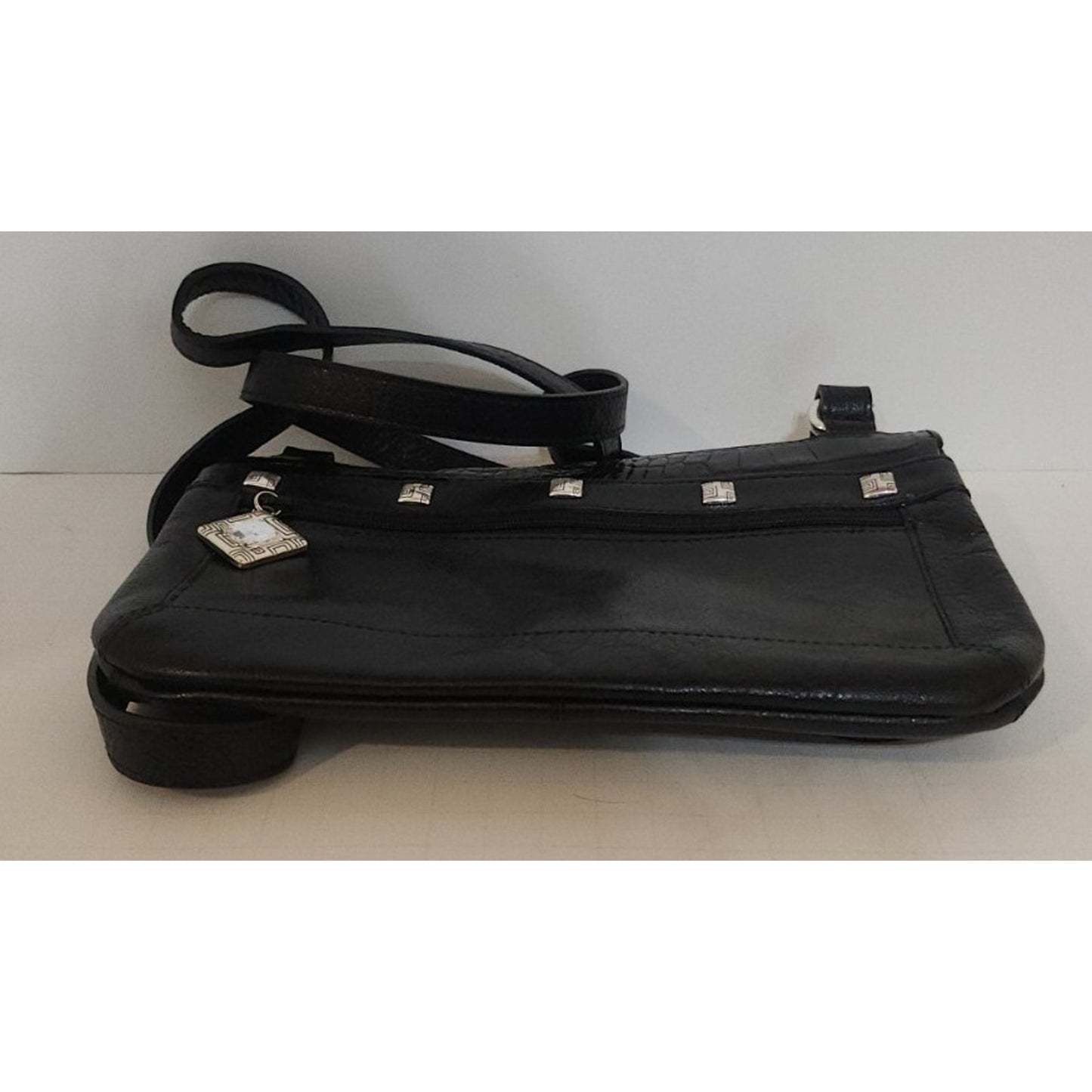 Brighton Purse Studded Zipper Pull Black Leather Mini Crossbody Adjustable