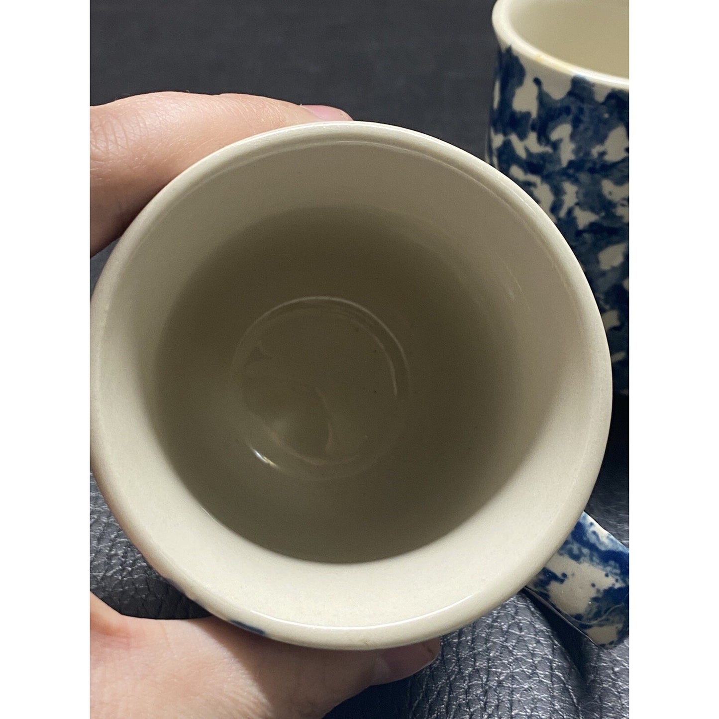 Blue Sponge Coffee Cup Mug Set of 2 Folk Craft Hearts By Tienshan Stoneware