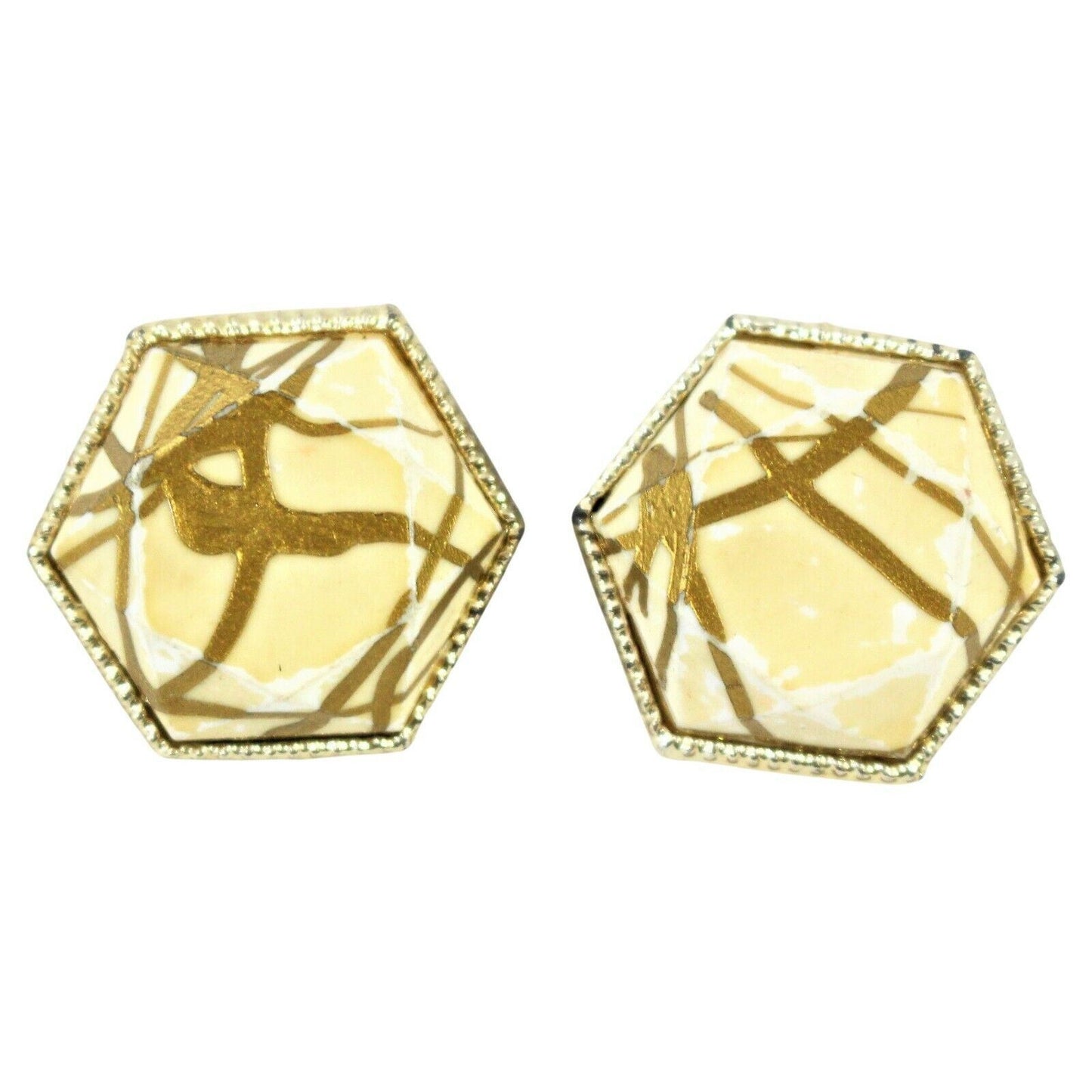 Vintage Off White & Gold Clip Earrings, Gold Tone Hexagon Statement 1.25" 1980's