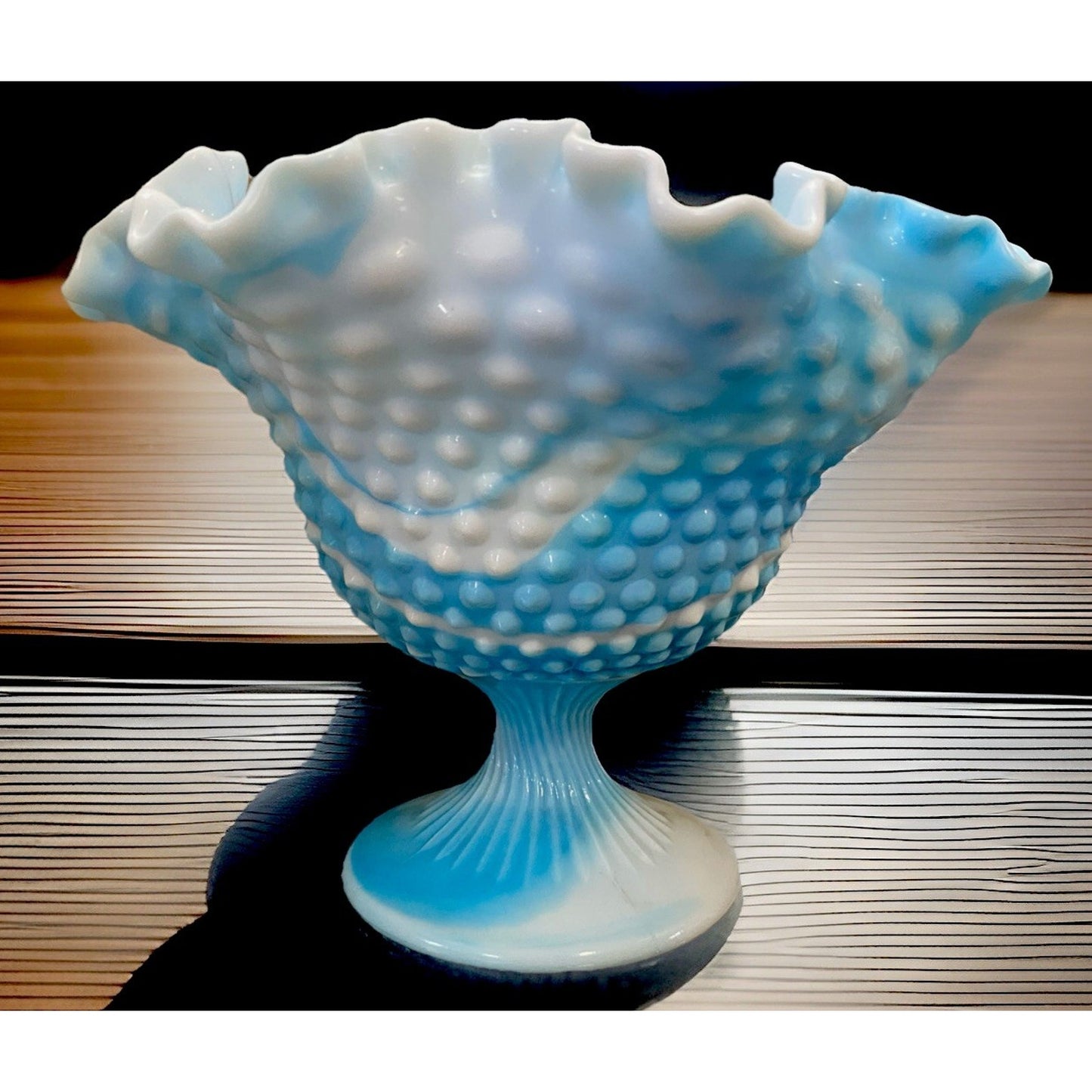Vintage Fenton Slag Glass White & Blue Swirl Hobnail Footed Candy Dish Compote