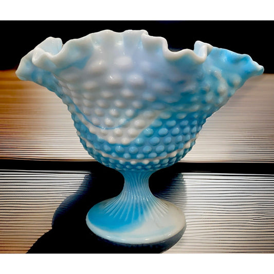 Vintage Fenton Slag Glass White & Blue Swirl Hobnail Footed Candy Dish Compote