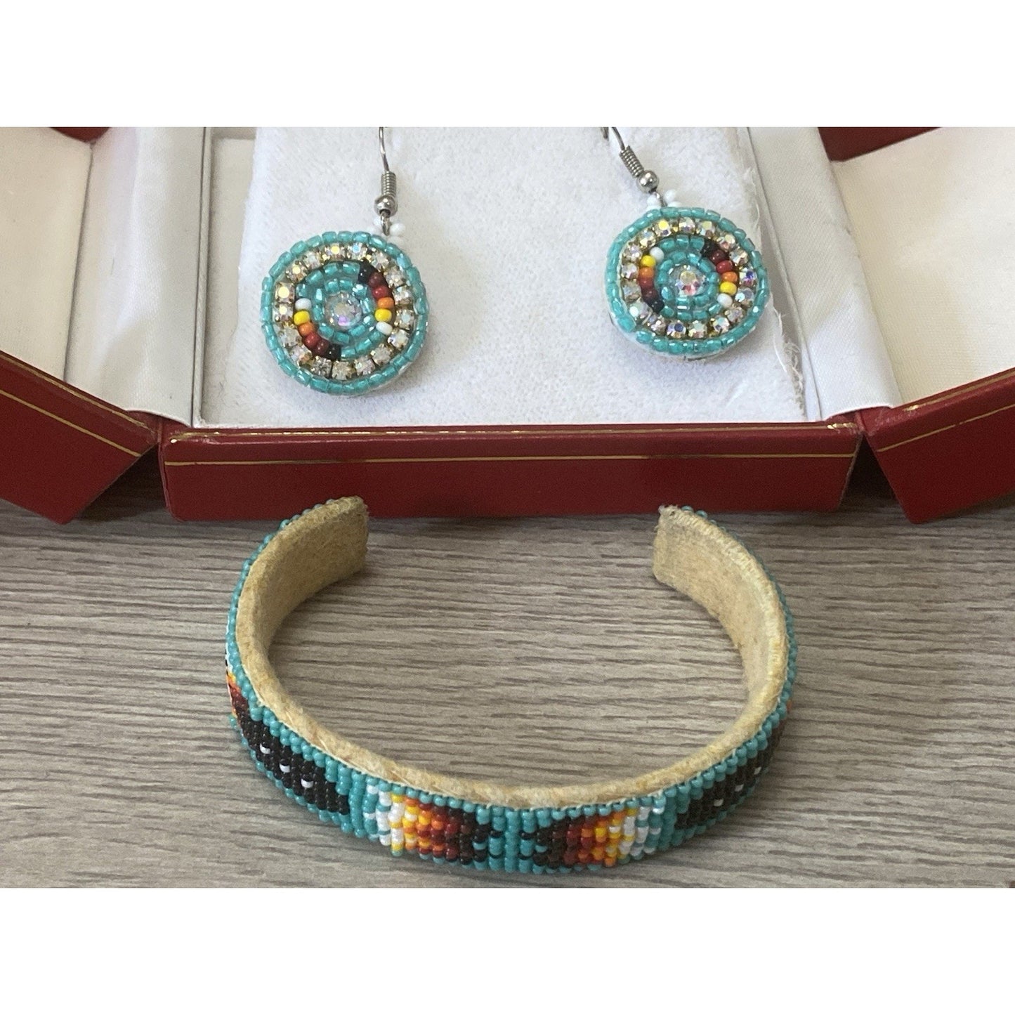 Native American Micro Beaded Cuff Bracelet & Earrings Pair