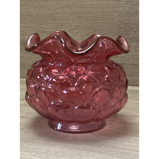 Fenton Cranberry Pink Glass Rose Bowl Vase w/ Poppy Flowers