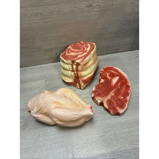 (3) Vintage Butcher Shop Chalkware Meat Display Chicken Steaks Realistic Decor