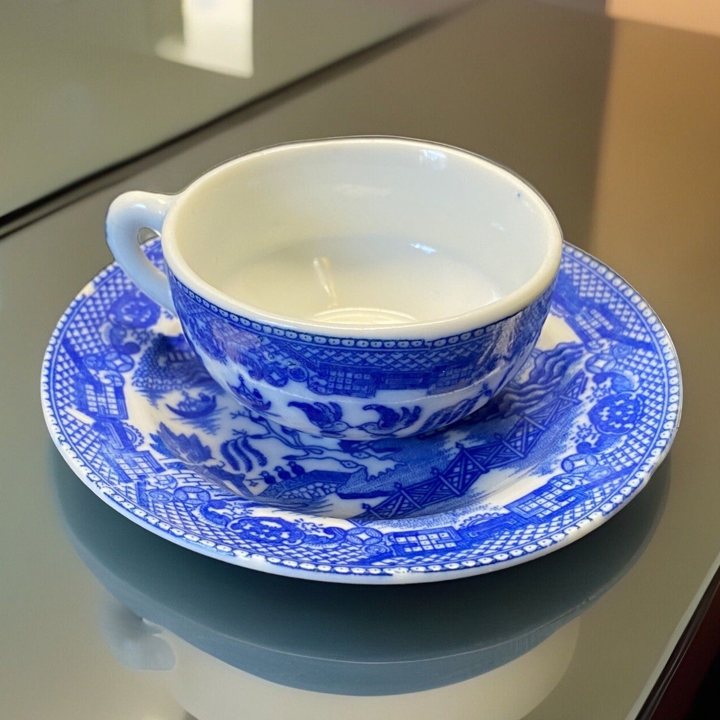 Vintage Blue Willow Flow Blue Miniature Teacup & Saucer Set
