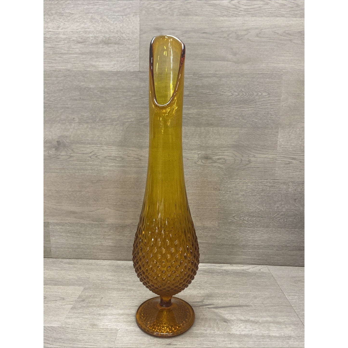 Fenton Unmarked Glass Hobnail Amber Swung Vase 16” Footed