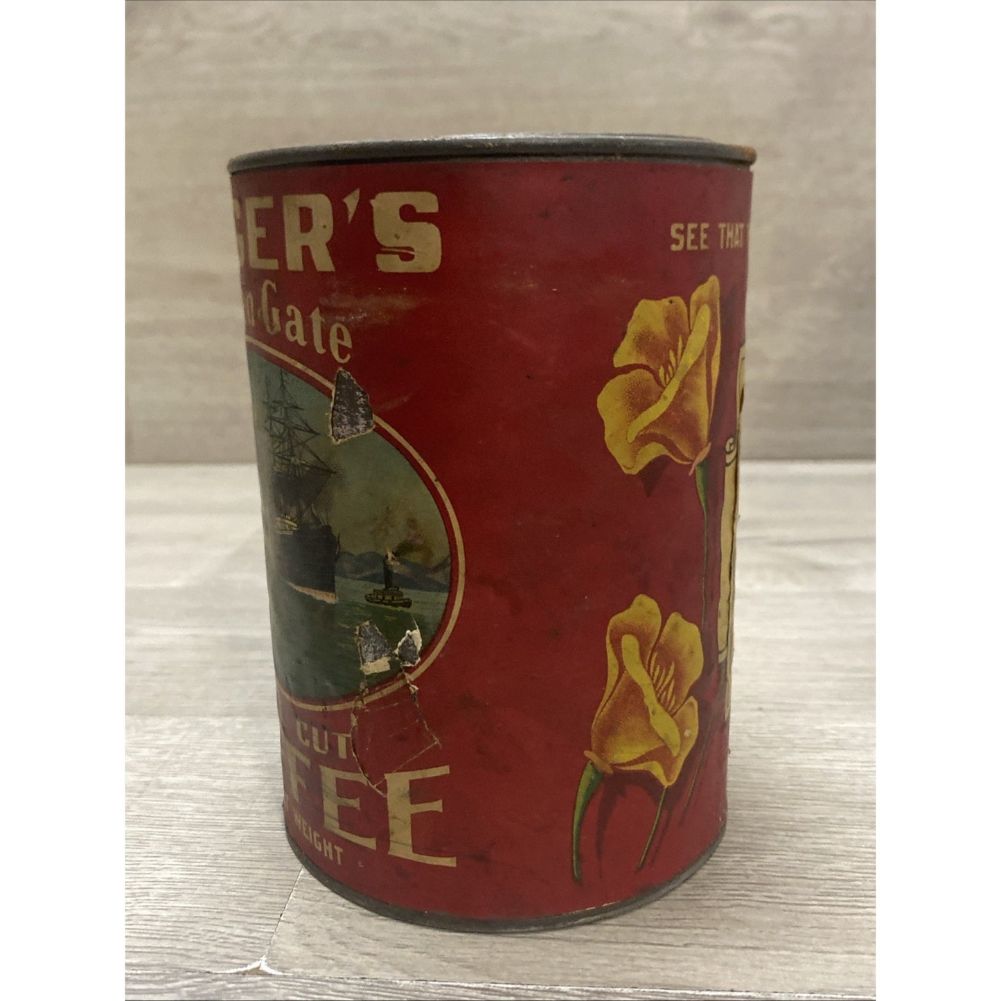 SUPER RARE 100+ YEAR OLD FOLGERS GOLDEN GATE PAPER LABEL ON TIN COFFEE CAN