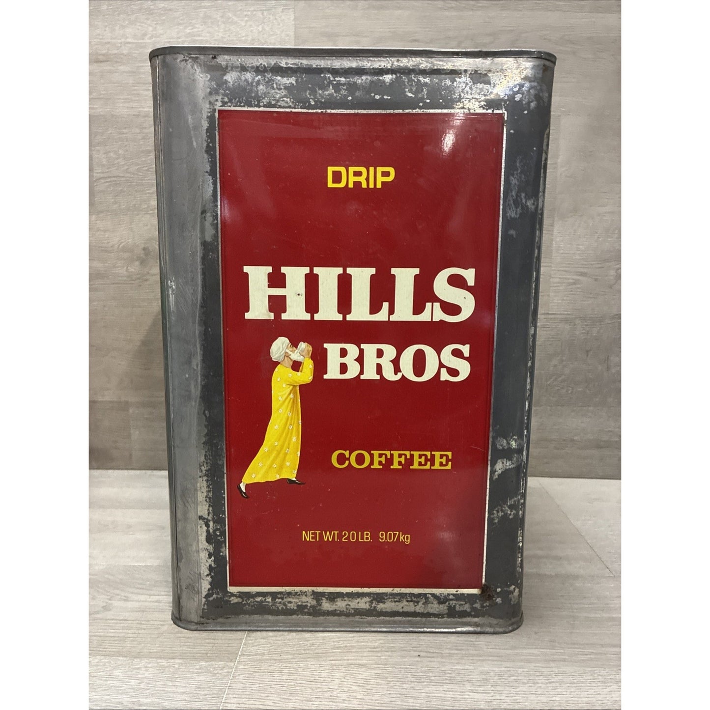 Vintage Coffee Tin HILLS BROS 20 Pounds Large With Lid 14" x 9" x 9"