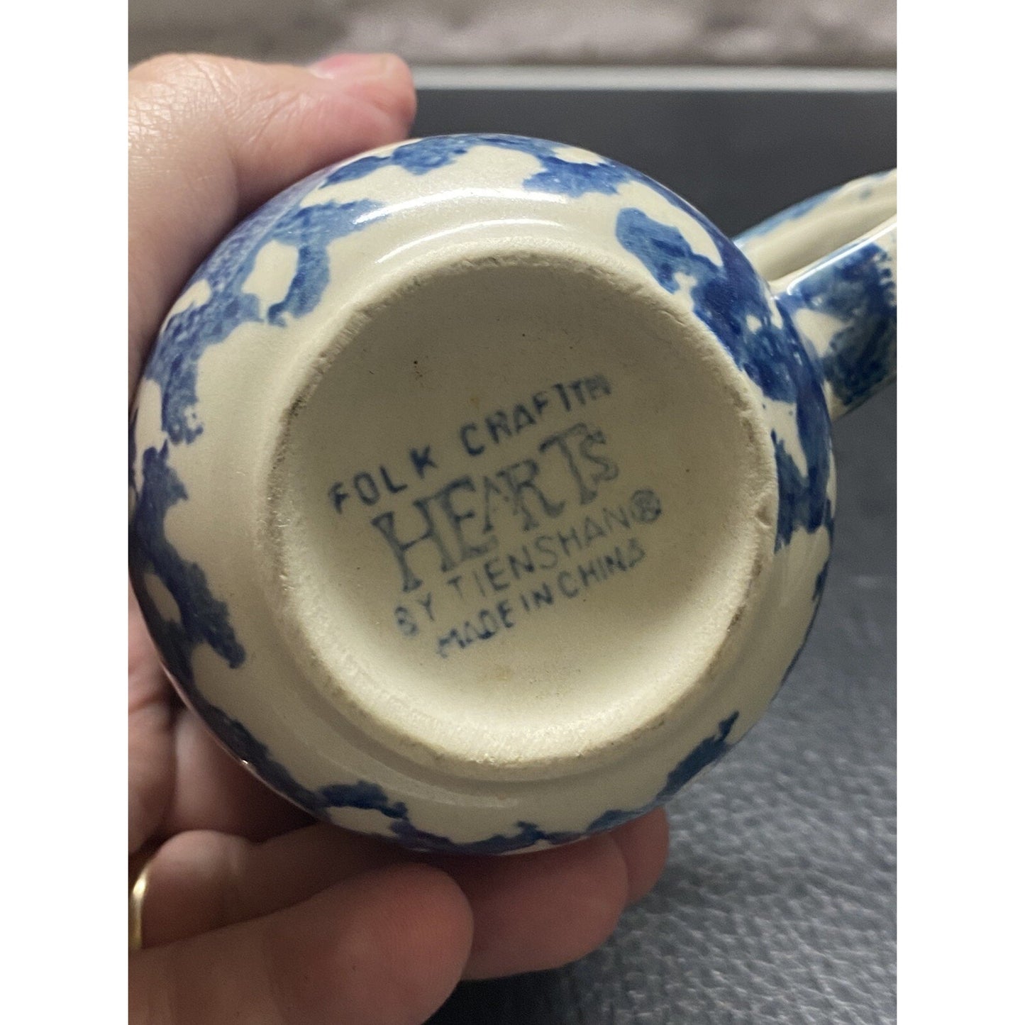 Blue Sponge Coffee Cup Mug Set of 2 Folk Craft Hearts By Tienshan Stoneware