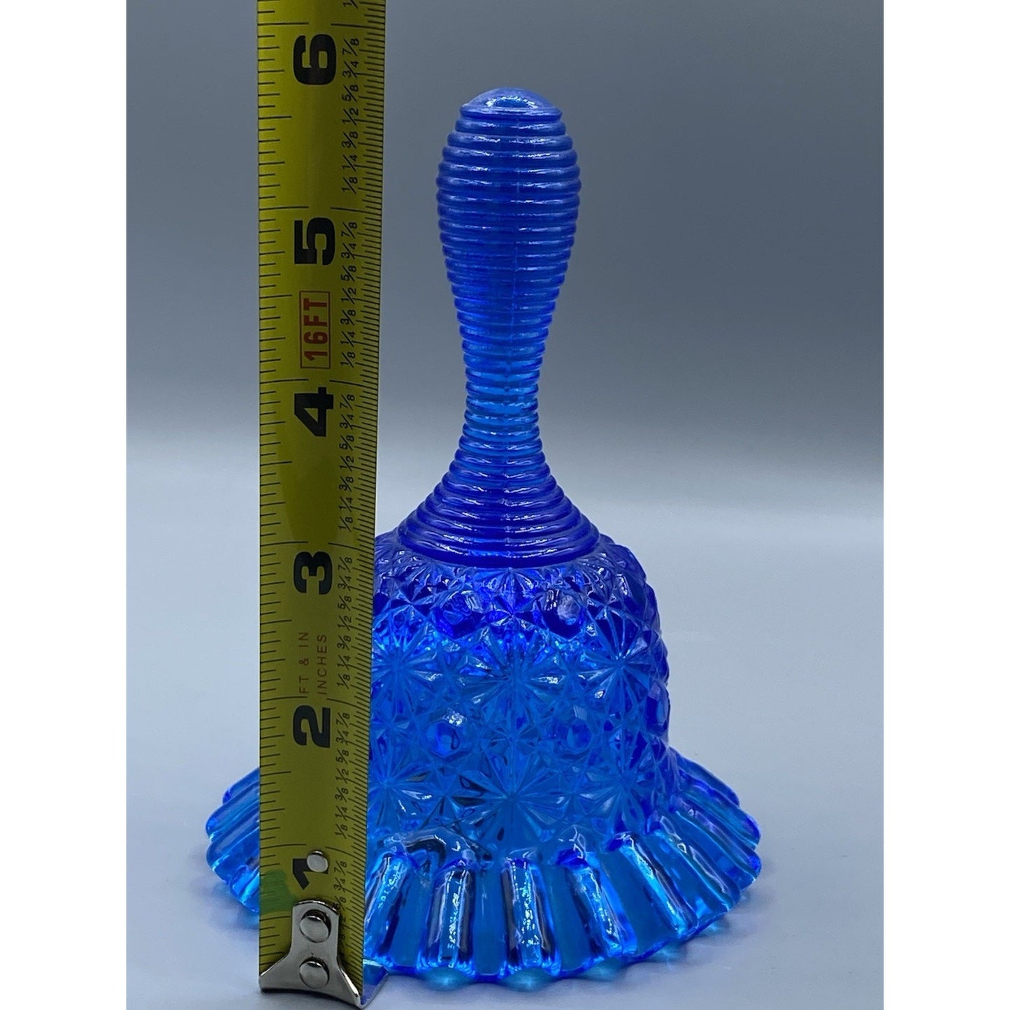 Fenton Glass Blue Daisy and Button Ruffle Edge & Ribbed Handle Vintage Bell