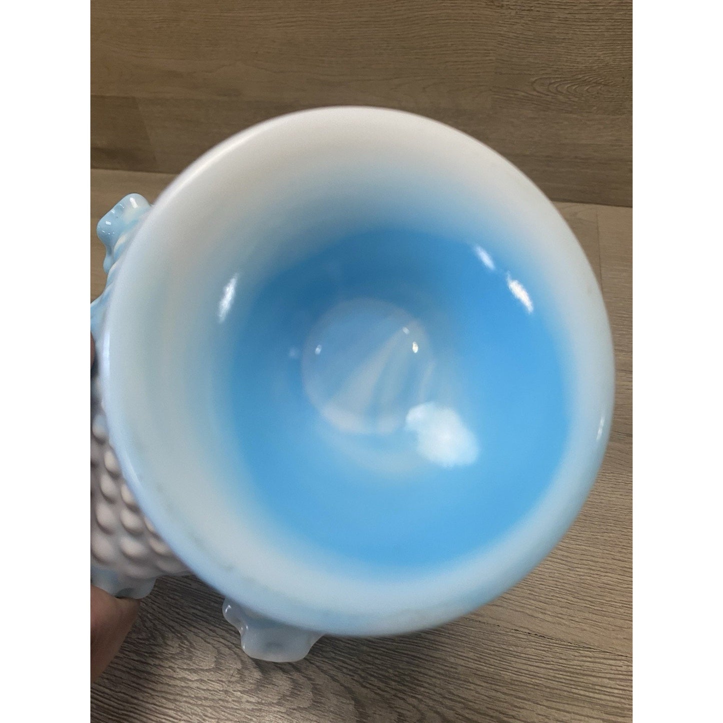 Vintage Fenton Slag Glass White & Blue Swirl Hobnail Footed Candy Dish Compote