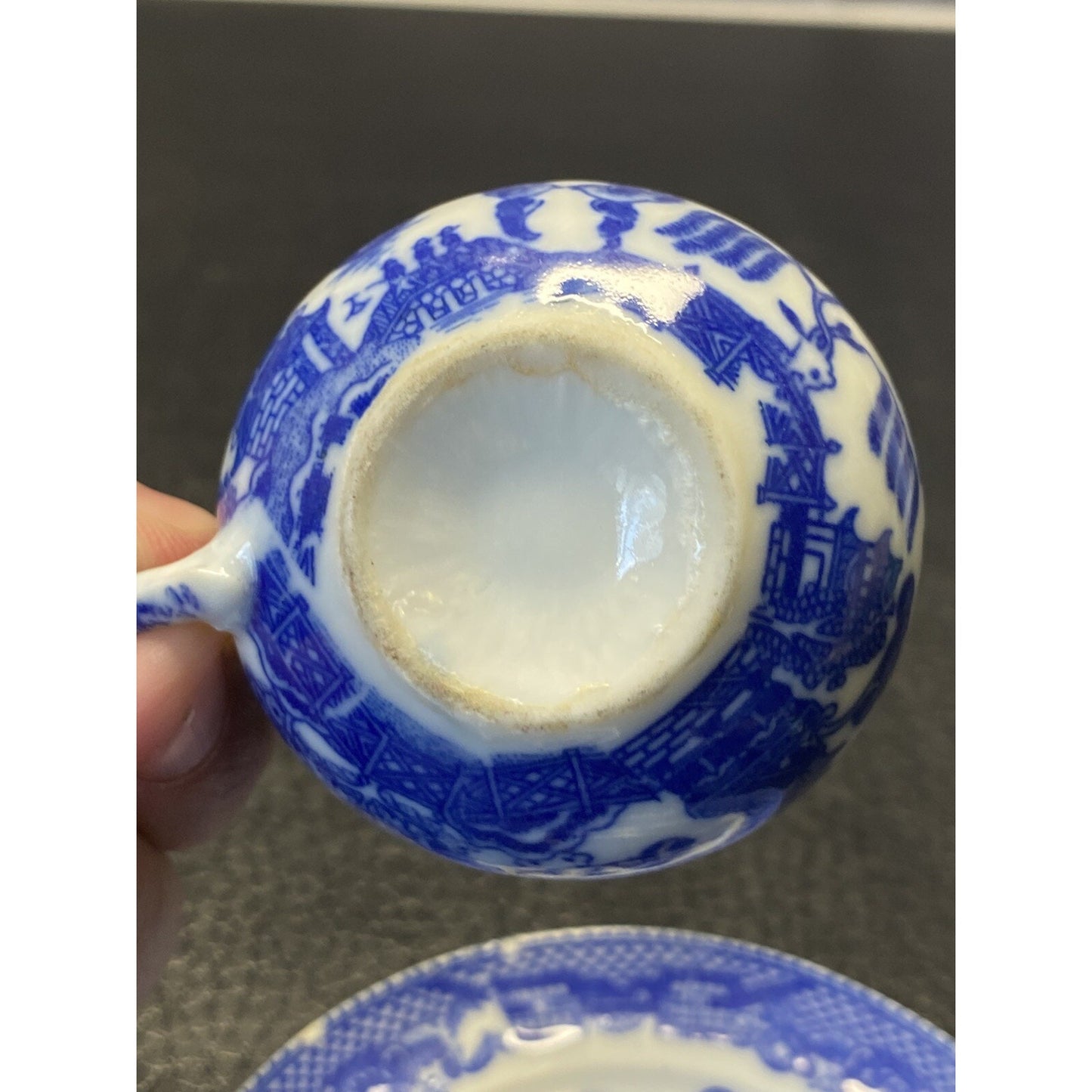 Vintage Blue Willow Flow Blue Miniature Teacup & Saucer Set
