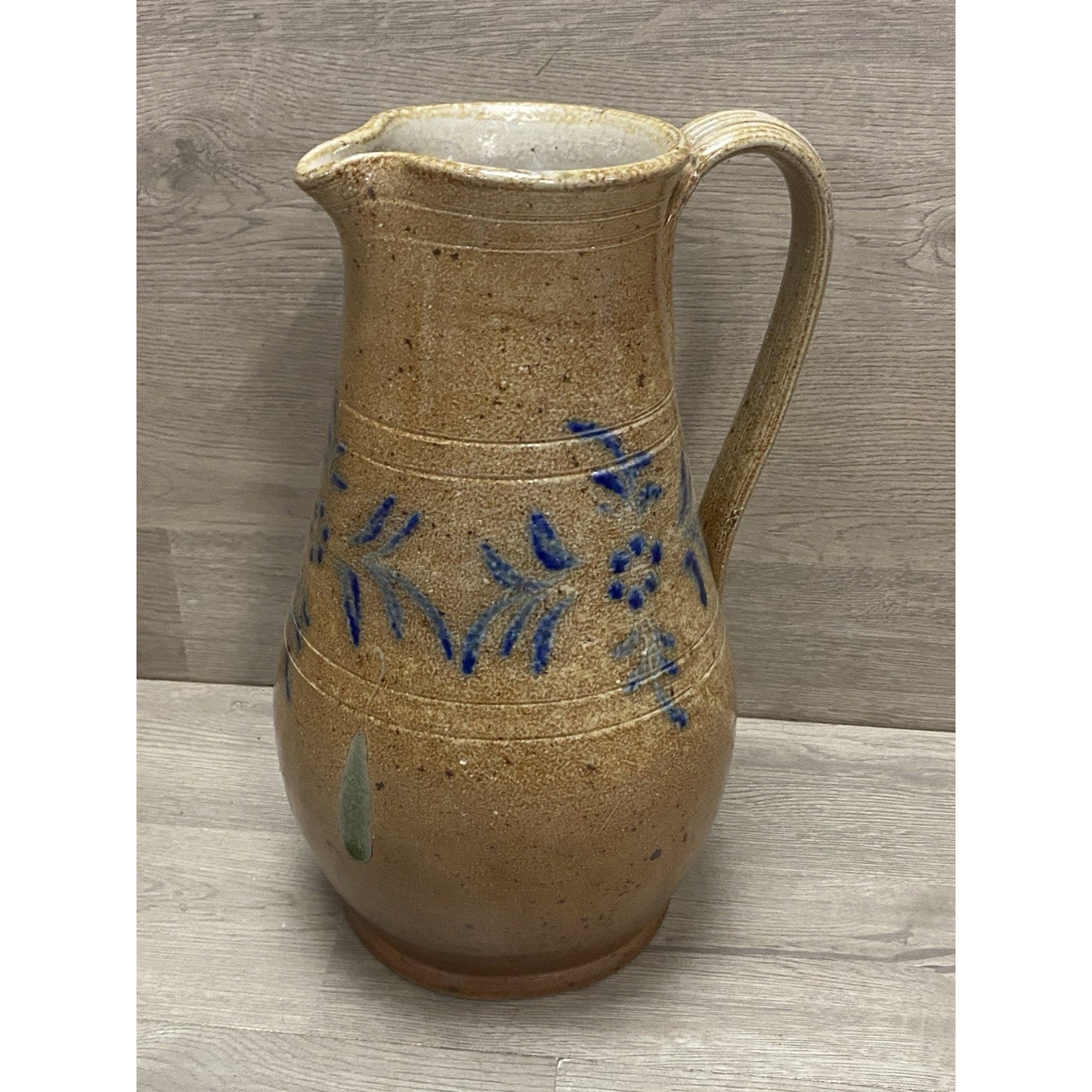 Nora Fenton Stoneware Pitcher 11” Blue Floral Salt Glazed