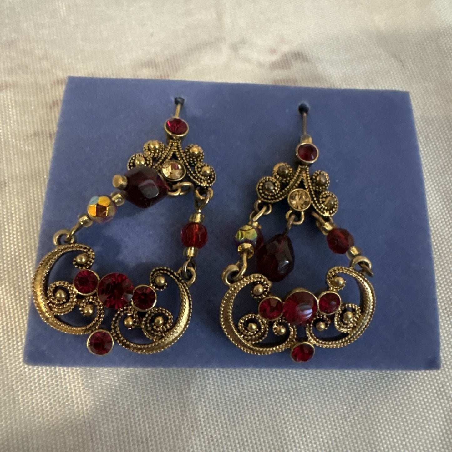 Bold Scarlet Shower Earrings With Red Beads & Gold Accents By Avon Boxed