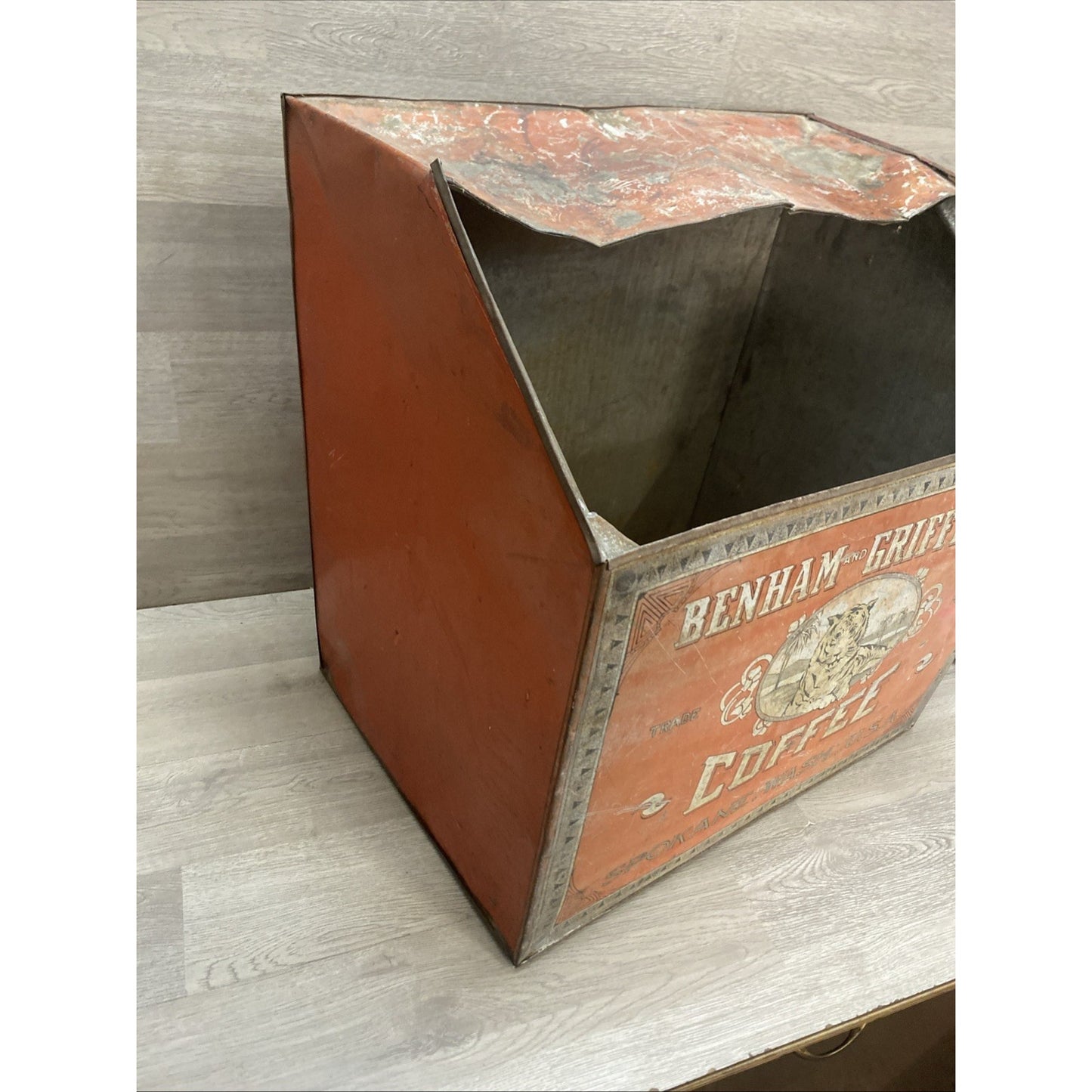 ANTIQUE GENERAL STORE COFFEE BIN TIN DISPLAY Benham & Griffith Co Spokane WA