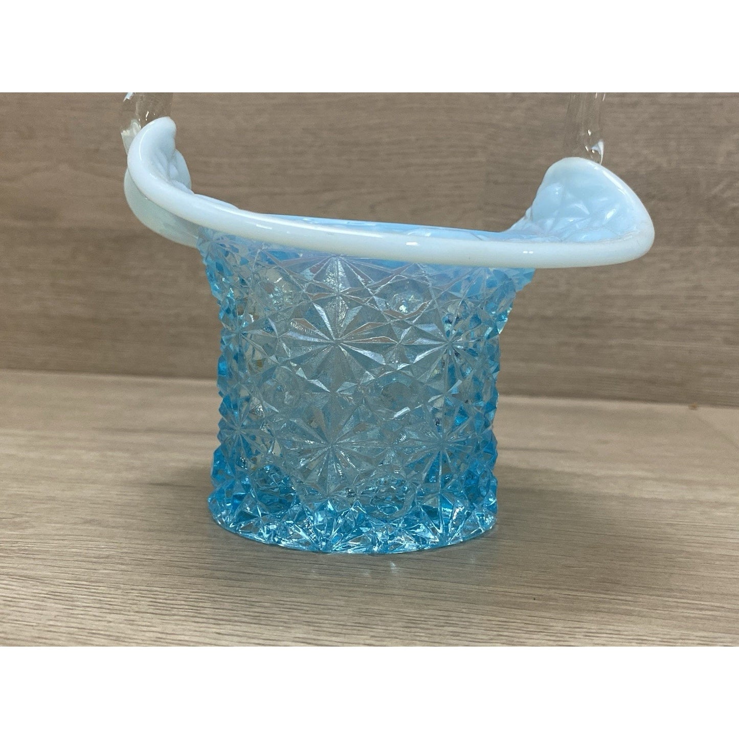 Fenton Aqua Blue Opalescent Daisy And Button Glass Handle Basket Blue Top Hat