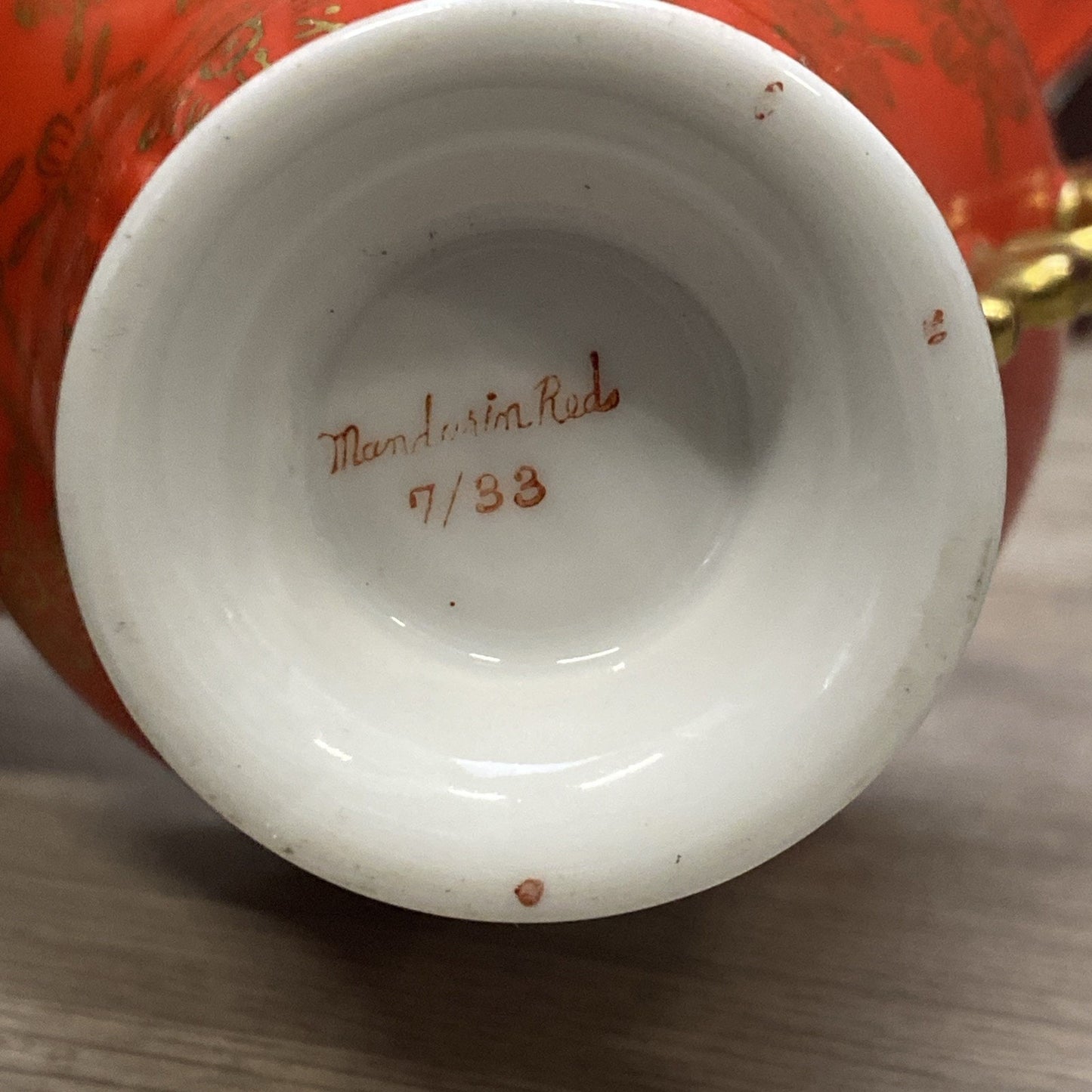 VTG Norcrest Teacup & Saucer Manderin Red 7/33 W/ Gold Scalloped & Floral Design