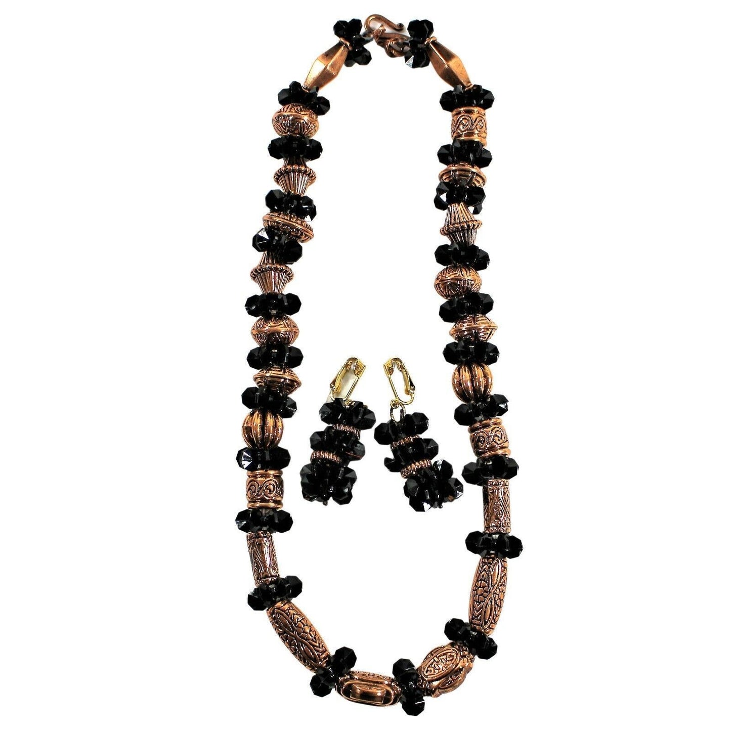 Statement Necklace & Earrings Set 19" Black Beads Bronze Designs Chunky Handmade