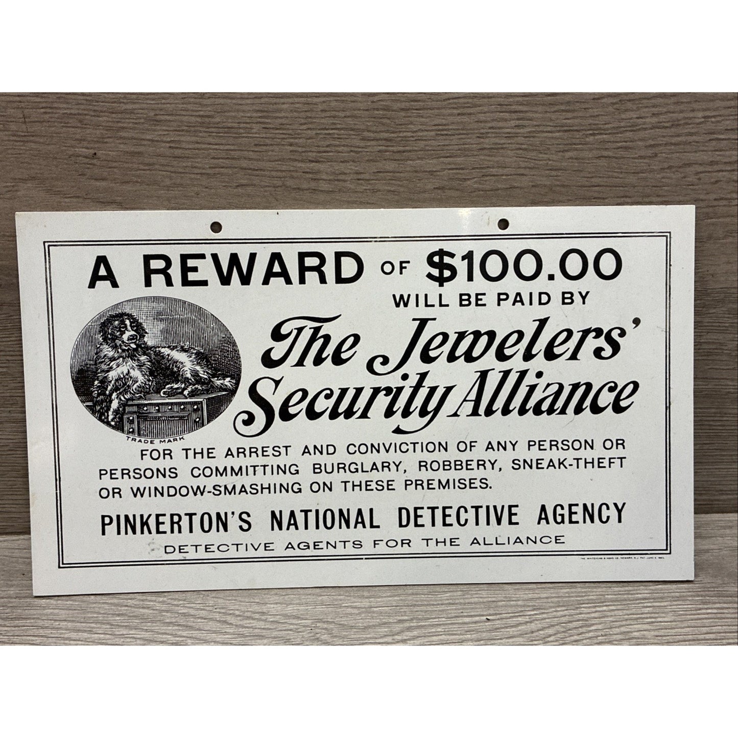 PINKERTON'S DETECTIVE AGENCY JEWLERS' SECURITY ALLIANCE HANGING SIGN W/ DOG