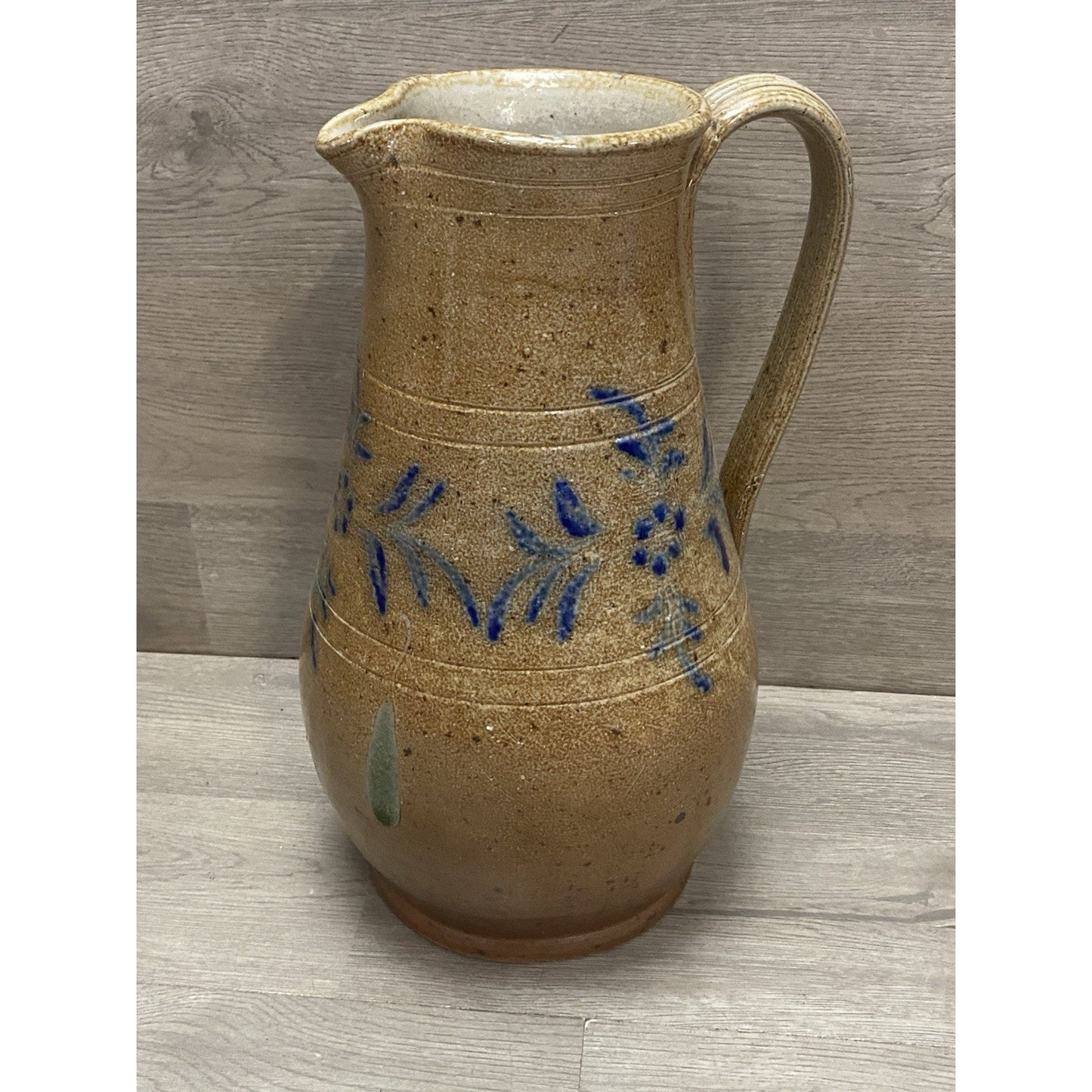 Nora Fenton Stoneware Pitcher 11” Blue Floral Salt Glazed