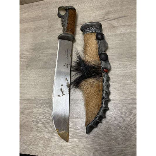 TRAMONTINA KNIFE W/ SHEATH BRASIL TRIBAL HUNTING HORN HAND-MADE CARVED 17”
