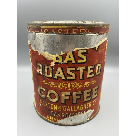 VINTAGE ROUND PAXTON GAS ROASTED COFFEE TIN OMAHA NE. PAPER LABEL GRAPHICS