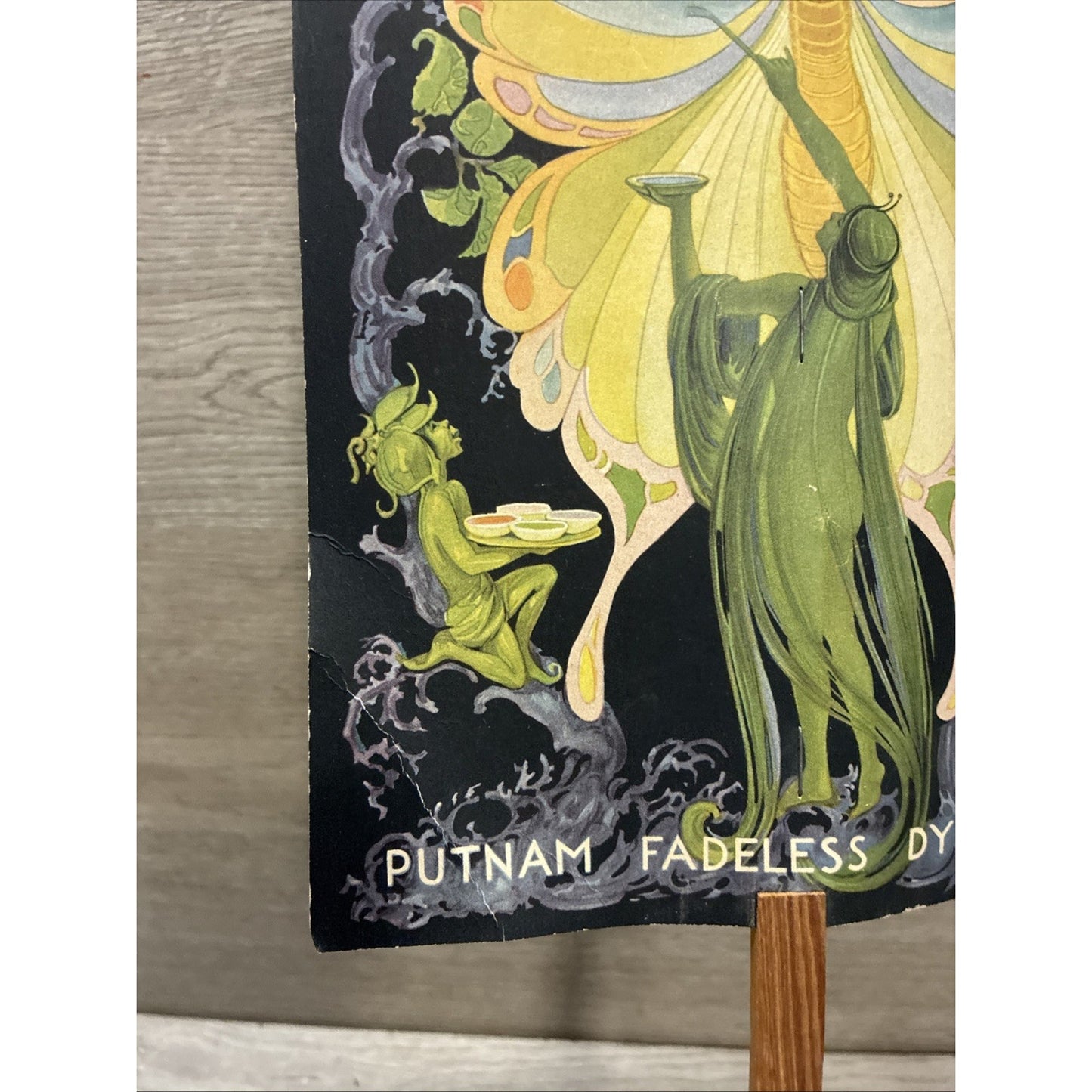 Rare Vintage Putnam Dyes Advertising Fan Art Nouveau Garden Fairies