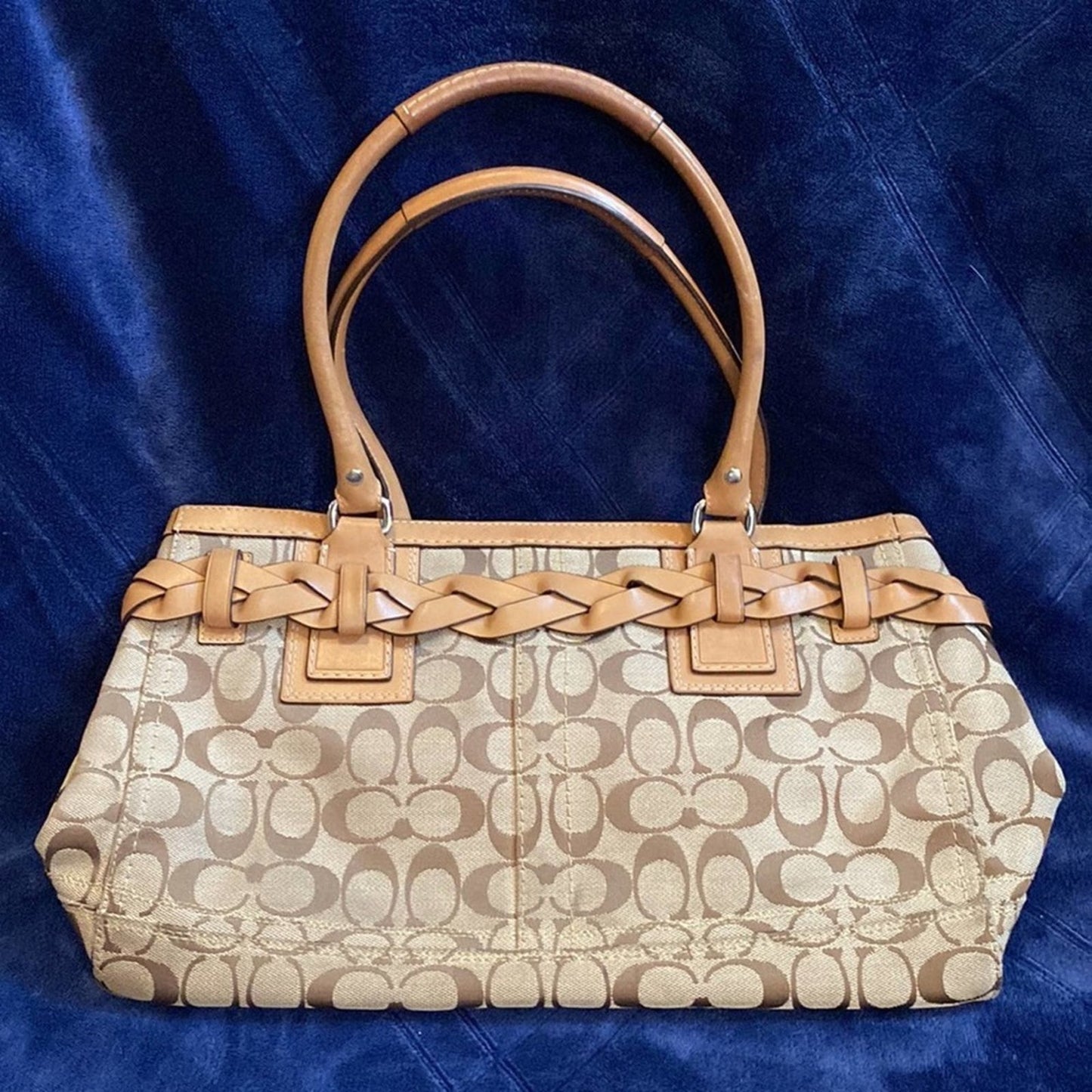 Coach Large Tan Hampton Signature Carryall Tote Purse with Braid Accents #F13068