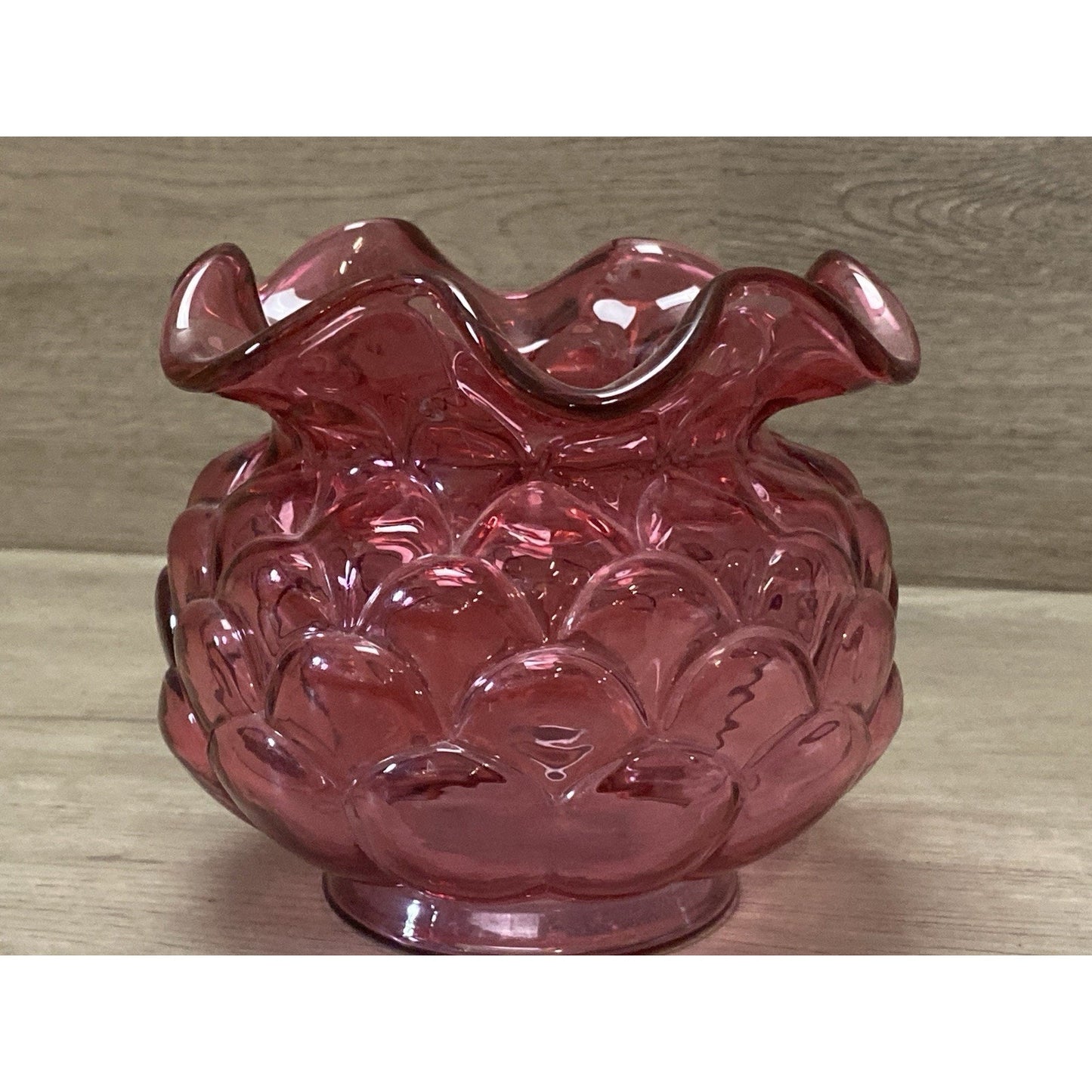 Fenton Cranberry Pink Glass Rose Bowl Vase w/ Poppy Flowers