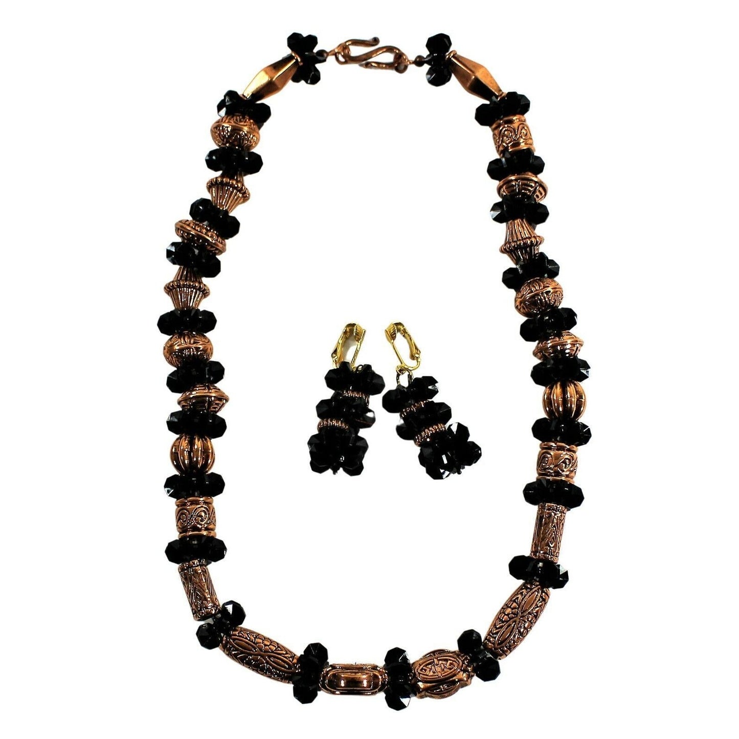 Statement Necklace & Earrings Set 19" Black Beads Bronze Designs Chunky Handmade