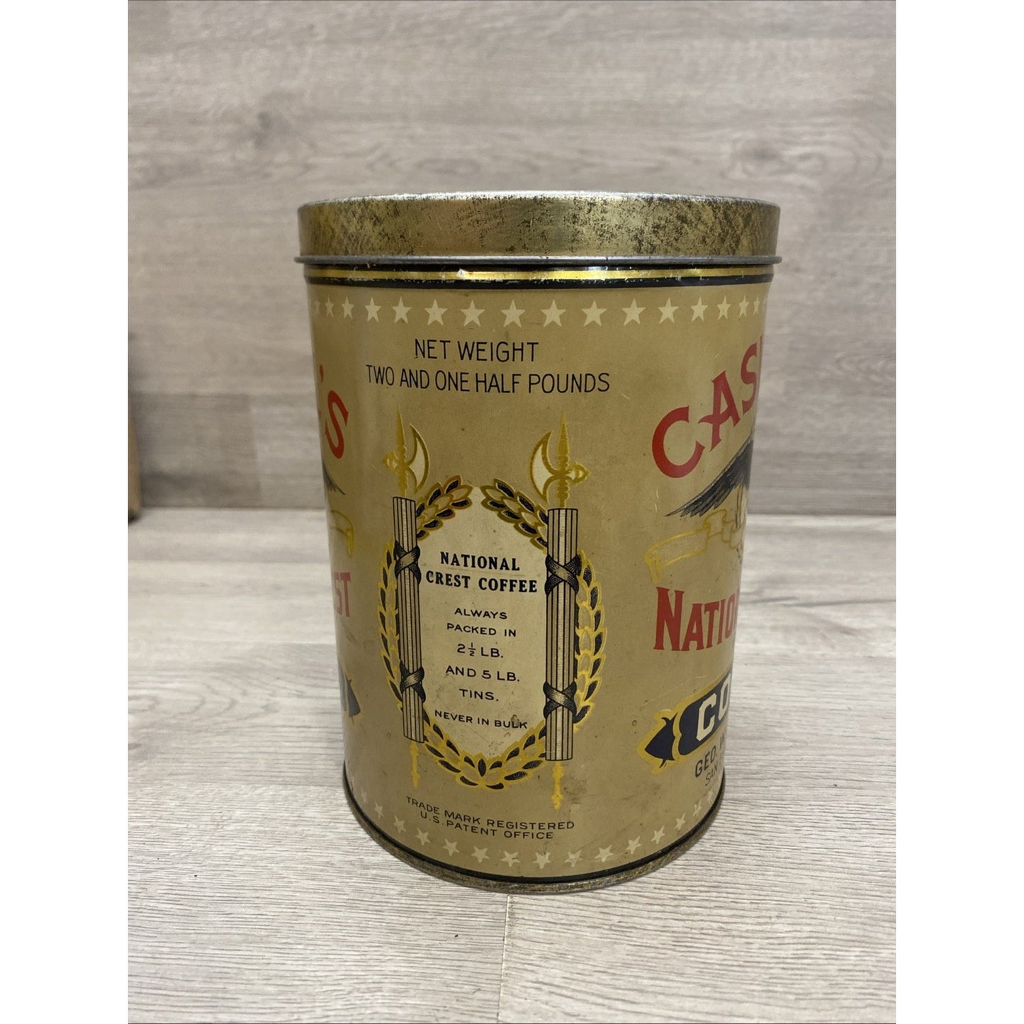 1920's CASWELLS NATIONAL CREST COFFEE TIN 2.5 LBS BEAUTIFUL CONDITION RARE 7.5"