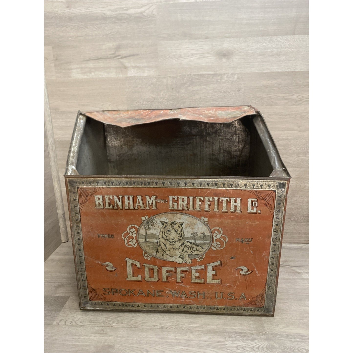 ANTIQUE GENERAL STORE COFFEE BIN TIN DISPLAY Benham & Griffith Co Spokane WA