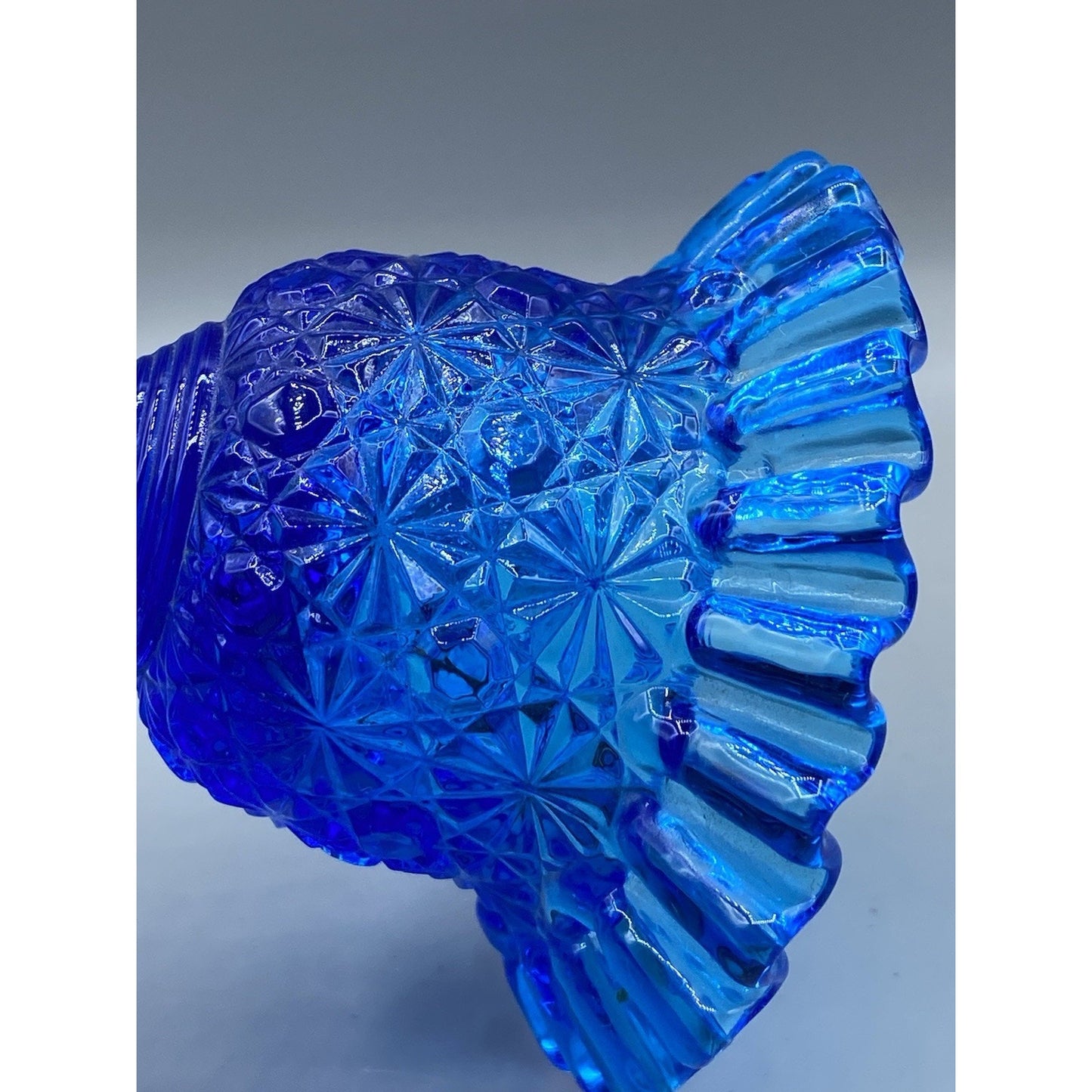 Fenton Glass Blue Daisy and Button Ruffle Edge & Ribbed Handle Vintage Bell