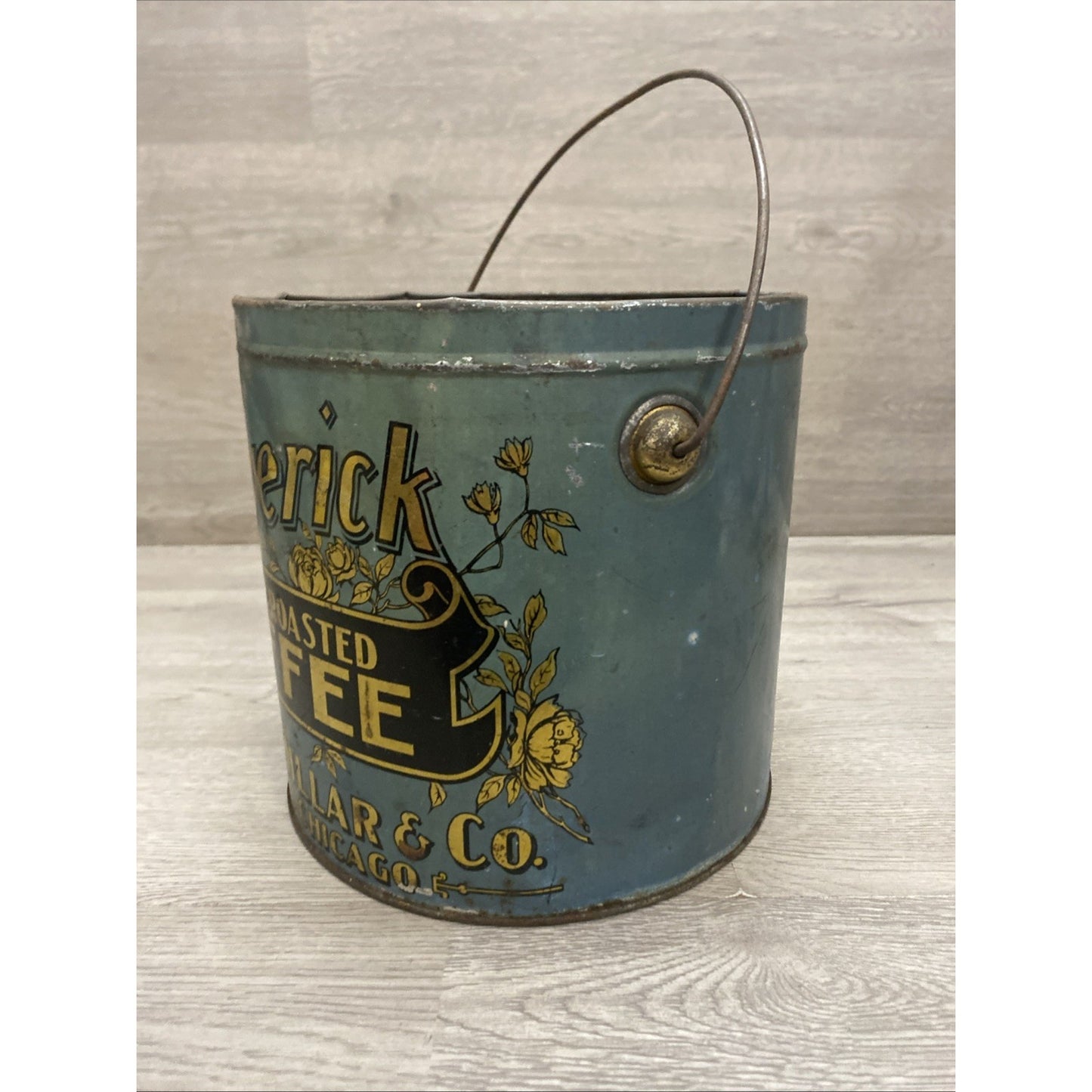 ANTIQUE MAVERICK COFFEE TIN LITHO 4LB PAIL CAN E.B. MILLAR CHICAGO GROCERY STORE