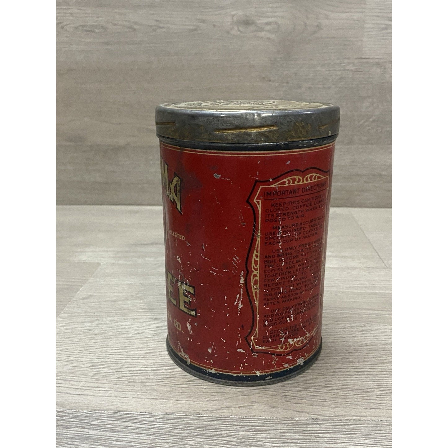 VINTAGE FLAROMA BRAND COFFEE TIN CAN 1 LB., GRAND UNION TEA CO., BROOKLYN, NY