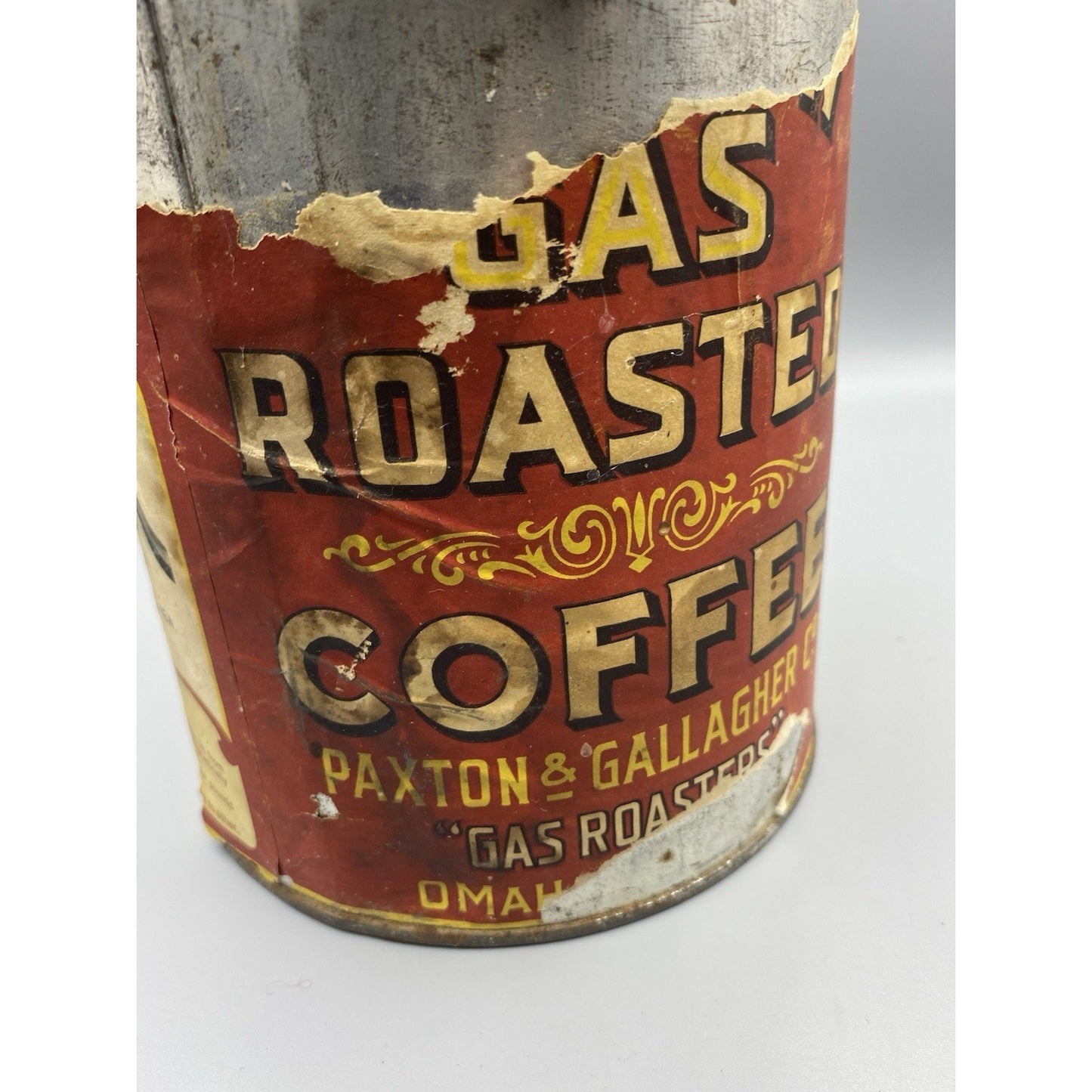 VINTAGE ROUND PAXTON GAS ROASTED COFFEE TIN OMAHA NE. PAPER LABEL GRAPHICS