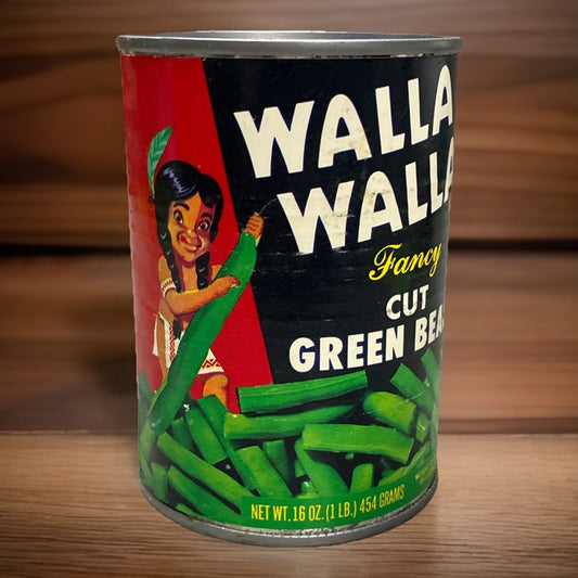 VINTAGE 1970 WALLA WALLA FANCY CUT GREEN BEANS TIN CAN LABEL WASHINGTON