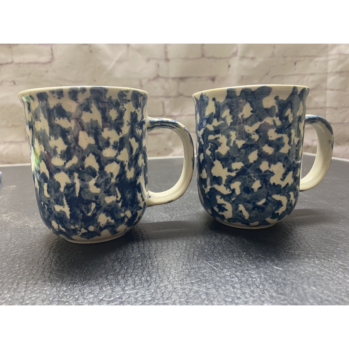 Blue Sponge Coffee Cup Mug Set of 2 Folk Craft Hearts By Tienshan Stoneware