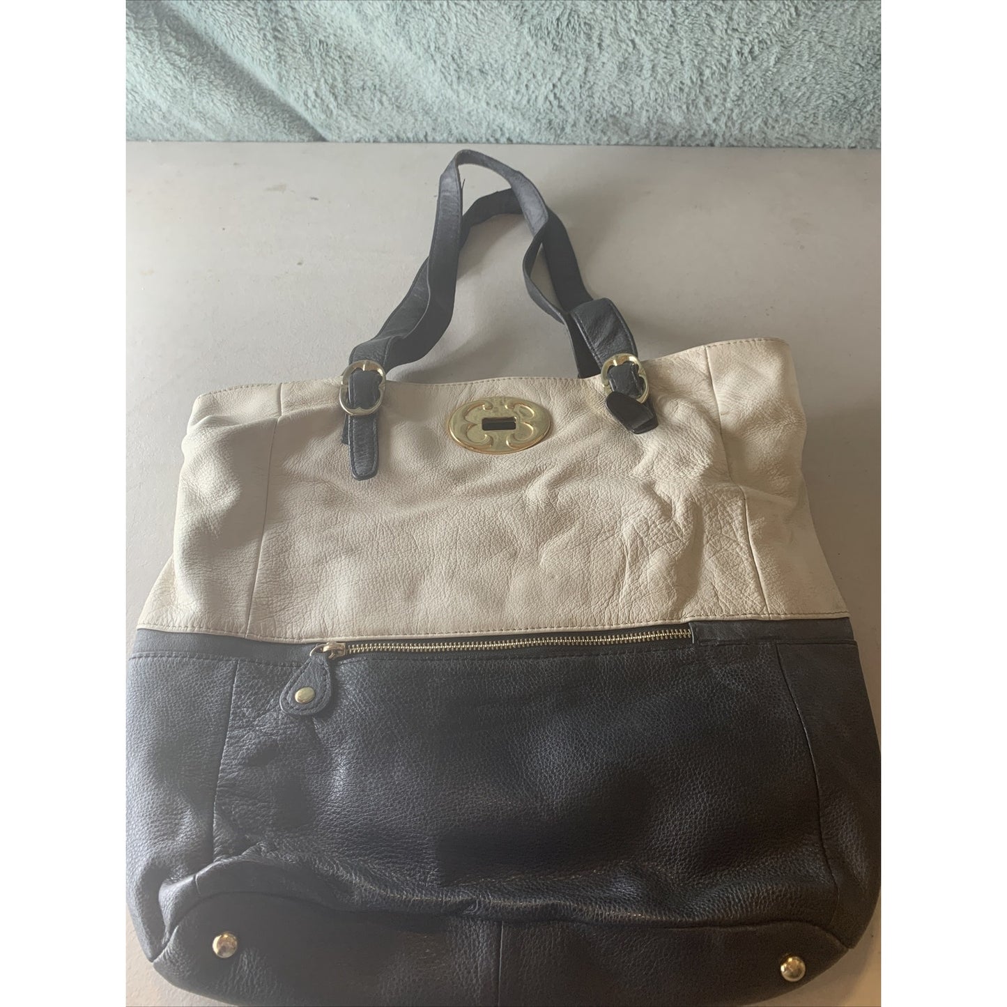 EMMA FOX Black White Leather Shoulder Cute Hobo Bag LARGE Handbag Purse PreOwned