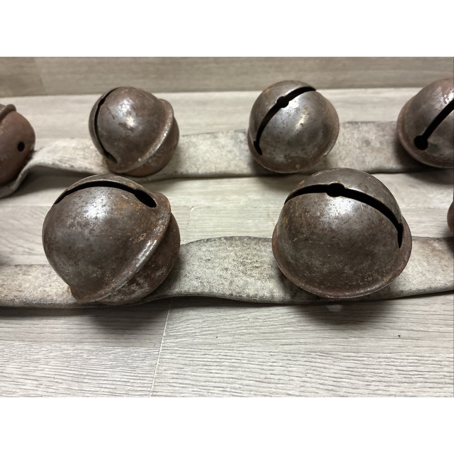 (8) Antique Sleigh Bells Horse Harness Leather Rustic Christmas 2 Straps 2-2.5”