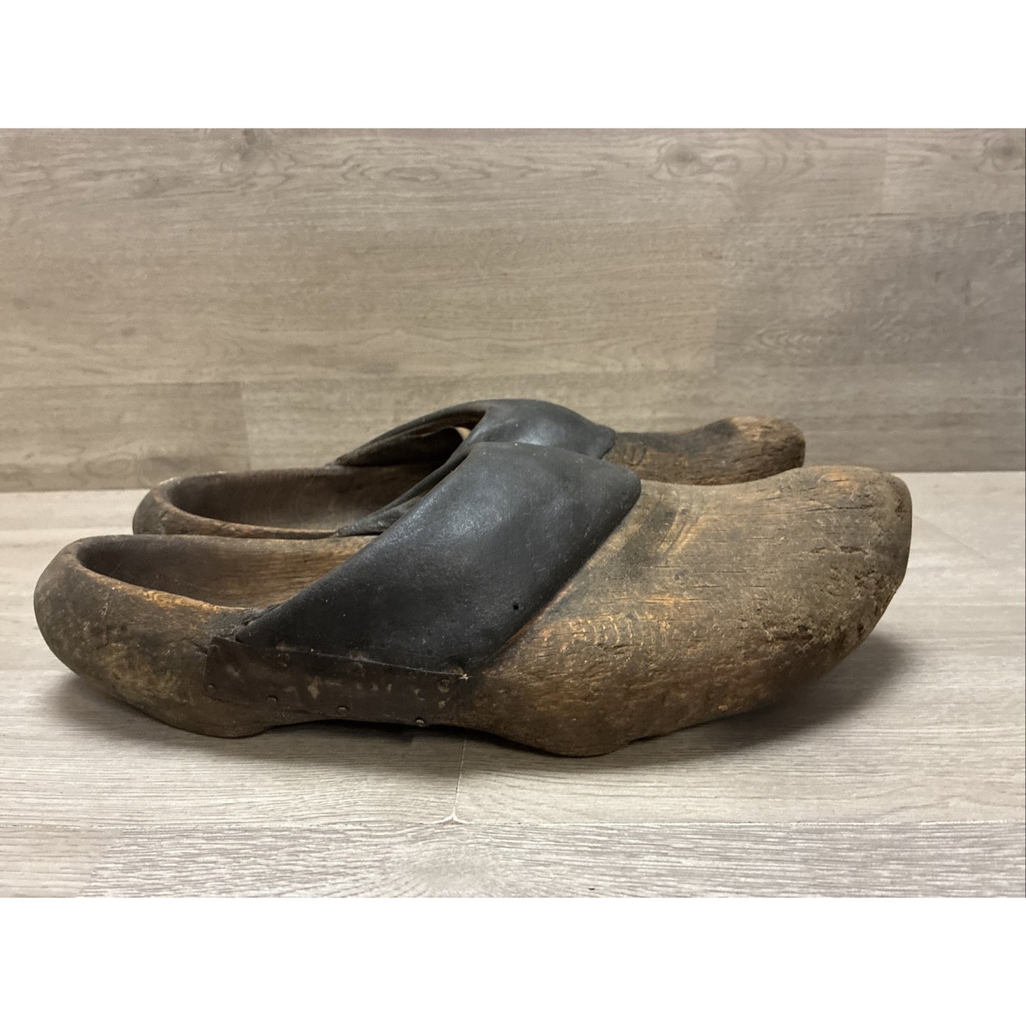 Antique Dutch Or German Wooden Clogs Shoes with Leather & Straw